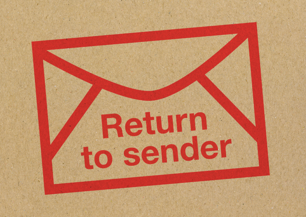 En grafisk fremstilling av en rød konvolutt med teksten "return to sender"